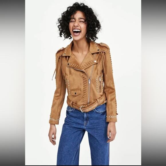 Zara Southwestern Style Suede Biker Jacket without Fringe & Stud Detail in Camel - Picture 1 of 15
